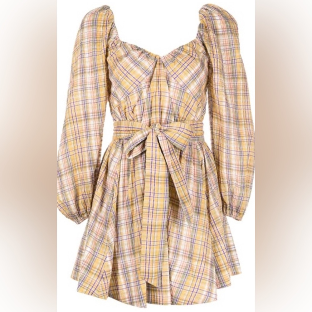 TANYA TAYLOR Xena Plaid Mini Dress Bishop Sleeves Sweetheart Neckline NWT